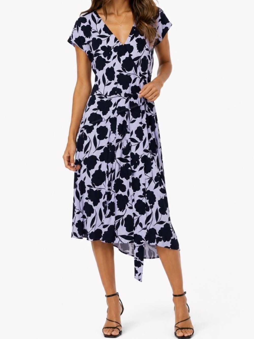 Ann Taylor Lavender and Black Floral High-Low V-Neck Dress SZ 2